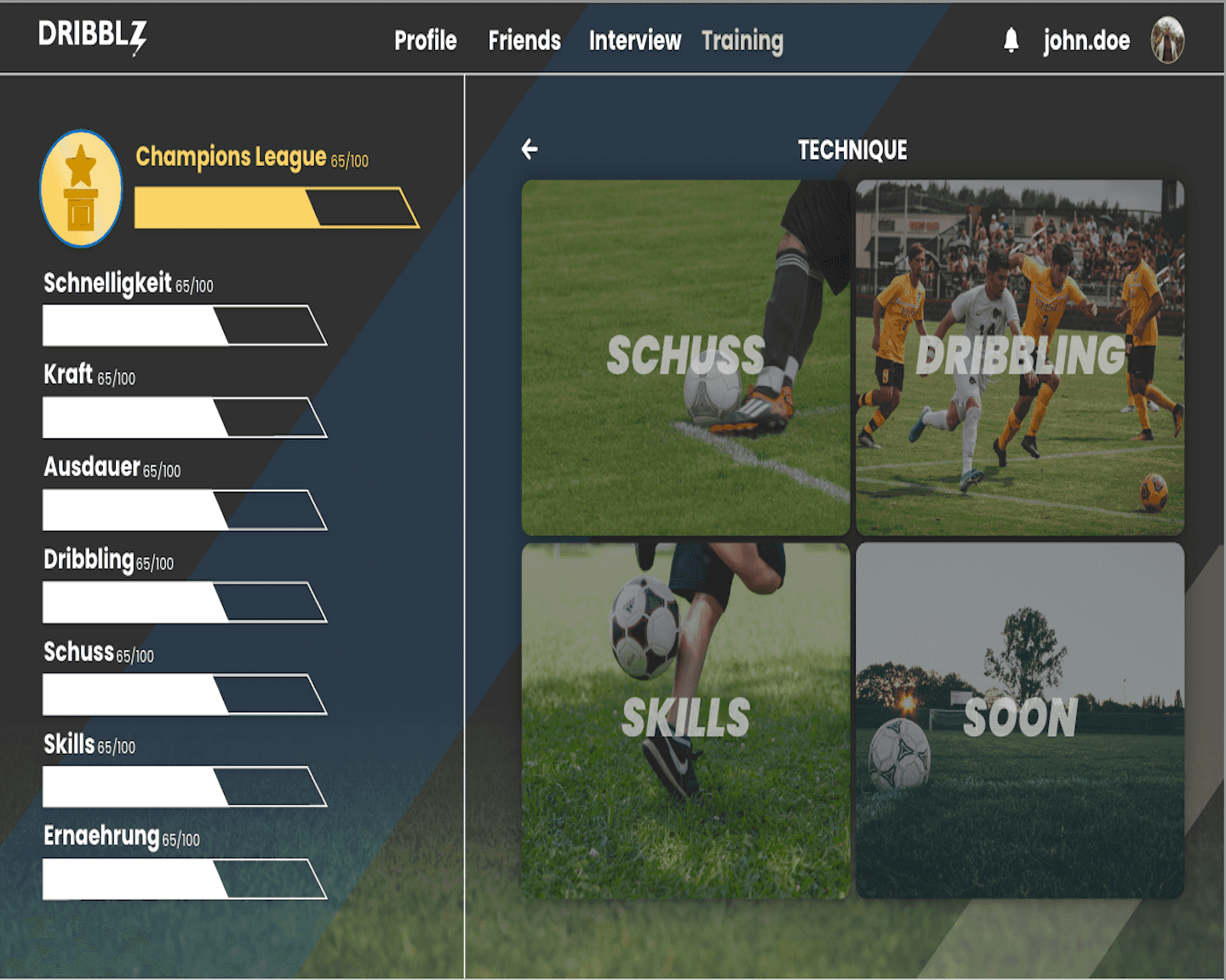 picture of the training section of the dribblz web-app